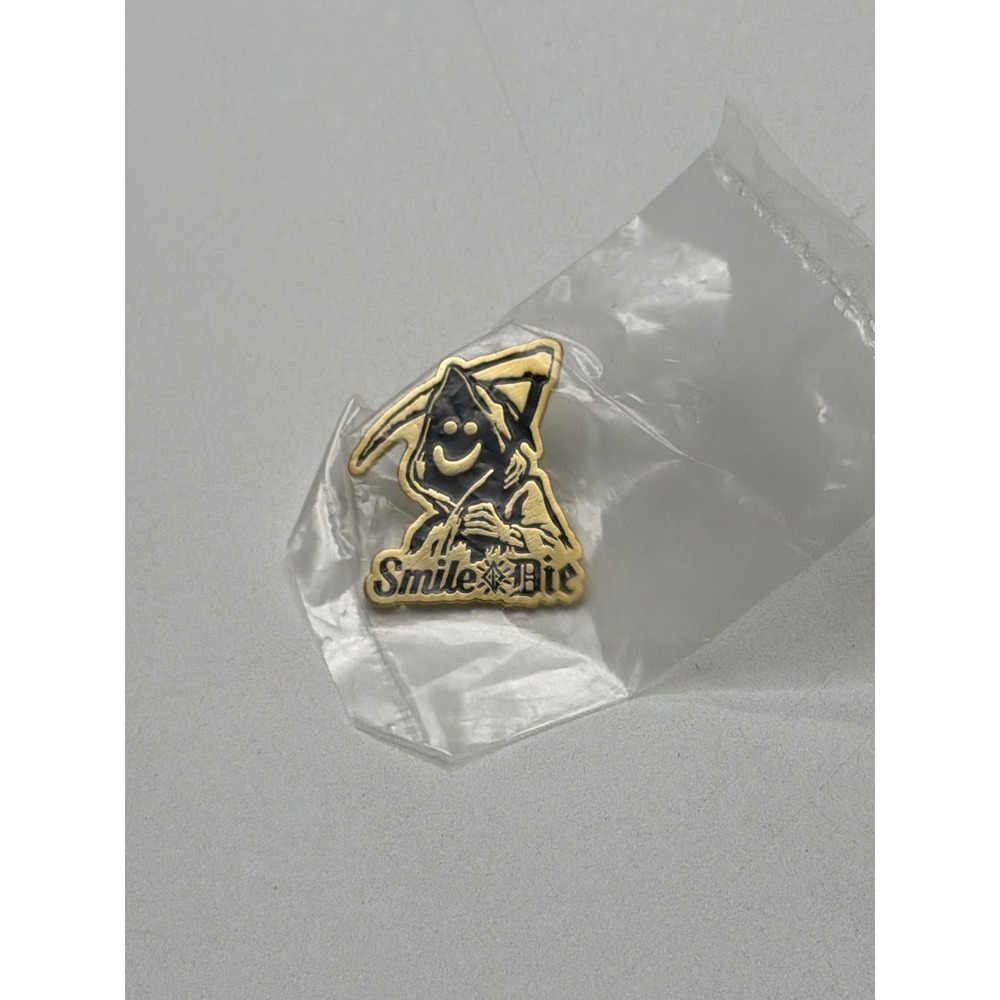 Grim Reaper Smile Die Enamel Pin Gold Black Halloween Gothic Accessory